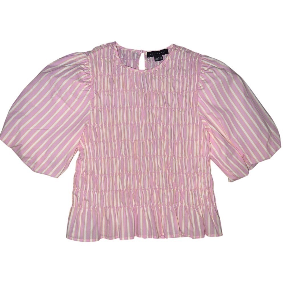 Sanctuary Womens Pink‎ Striped Smocked Puff Sleeve Blouse Top Small